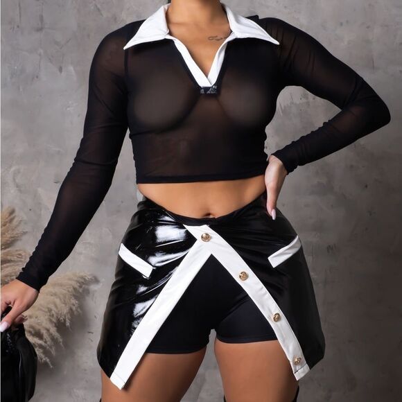 Dresses & Skirts - Black & White Mesh Top & Shirt/Skirt Set